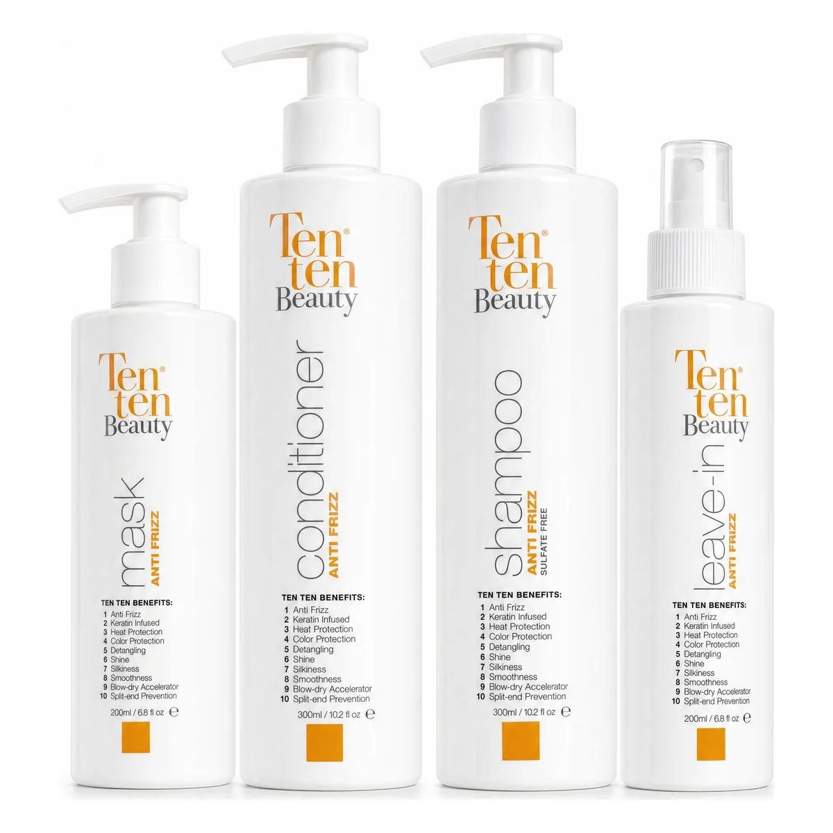 La línea Anti Frizz completa: shampoo, acondicionador, mascarilla y leave-in