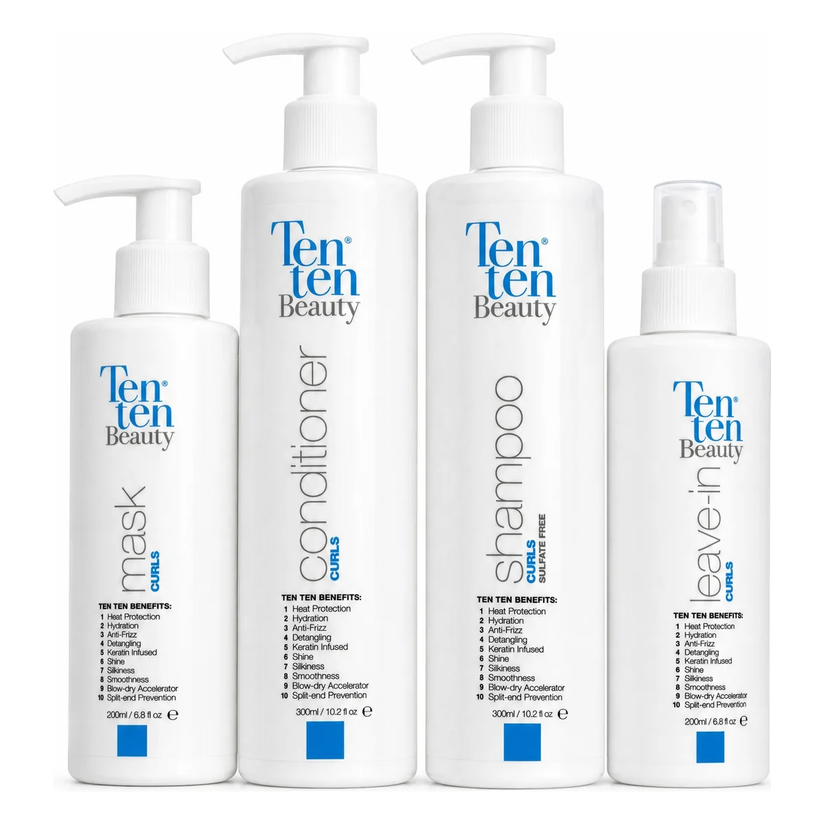 La línea Curls completa: shampoo, acondicionador, mascarilla y leave-in