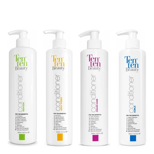 Los cuatro acondicionadores Ten Ten Beauty, uno por línea: Repair, Anti Frizz, Color Care y Curls