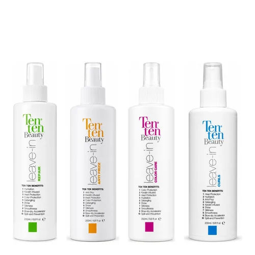 Los cuatro leave-in Ten Ten Beauty, uno por línea: Repair, Anti Frizz, Color Care y Curls