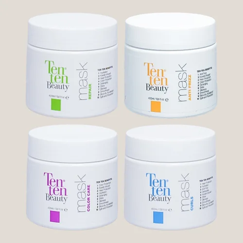 Los cuatro tarros de mascarilla de 400 ml Ten Ten Beauty, uno por línea
