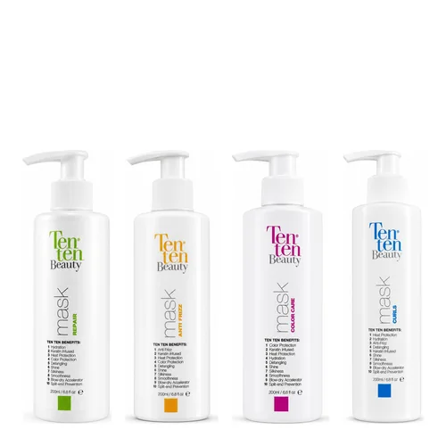 Las cuatro mascarillas Ten Ten Beauty, una por línea: Repair, Anti Frizz, Color Care y Curls