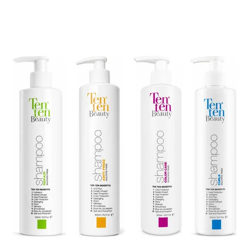 Los cuatro shampoos Ten Ten Beauty, uno por línea: Repair, Anti Frizz, Color Care y Curls